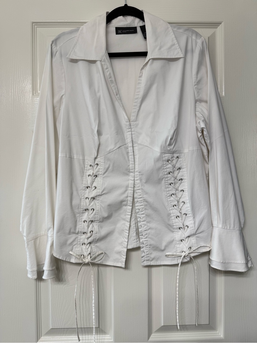 INC International Concepts White Lace-Up Cotton-Blend Top